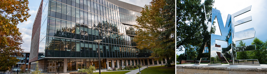 Photos of Chemical and Biomedical Engineering Building and a We Are statue on the University Park Campus