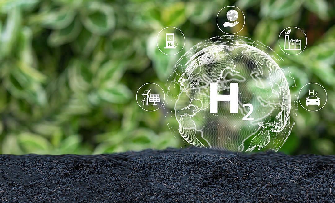 illustration of hydrogen atom surrounded by bubbles describing clean energy applications