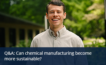 An outdoor portrait of an individual with text overlay that reads Can chemical manufacturing become more sustainable