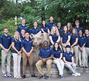 grAIChE officers at the Nittany Lion Shrine are pictured here. In the first row (from left to right): Jake McMillen, Emily Steigerwald, Ed Ciemniecki, Quoc Tran, James Gamble Jr., Joelle Khouri, and Rin Jenwarin. The second row (from left to right): Mark Wohlpart, Devon James, Jackie Borie, Haonan Xu, Kylie Kinlough, Brennan Bench, Natalie Morrissey, Rosemary Campbell, Claire Fisher, Peter Martin, Aditya Kalgutkar, and Geno Leone.